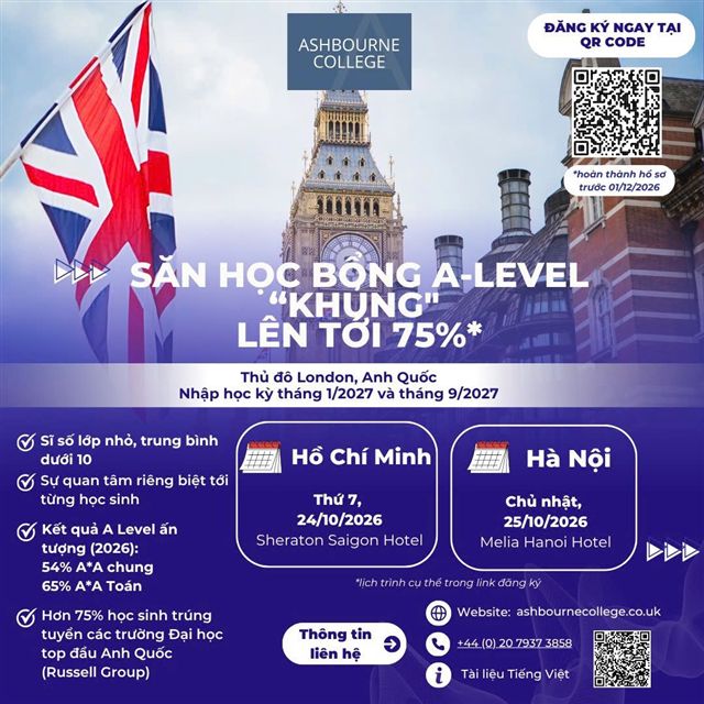 Ashbourne College tổ chức ngày thi học bổng A-Level dành riêng cho học sinh Việt Nam