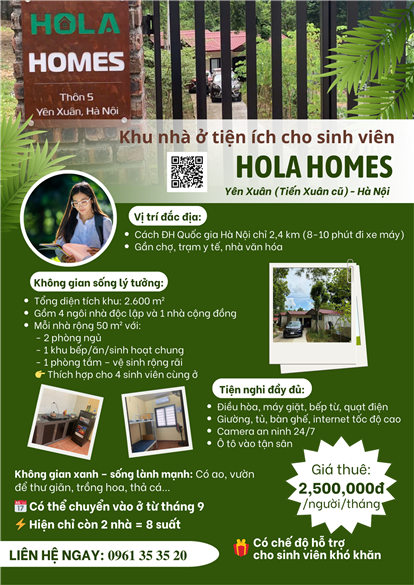 HOLA HOMES – Không gian sống tiện ích dành cho sinh viên khu vực Hòa Lạc