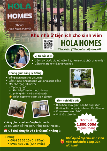 HOLA HOMES – Không gian sống tiện ích dành cho sinh viên khu vực Hòa Lạc