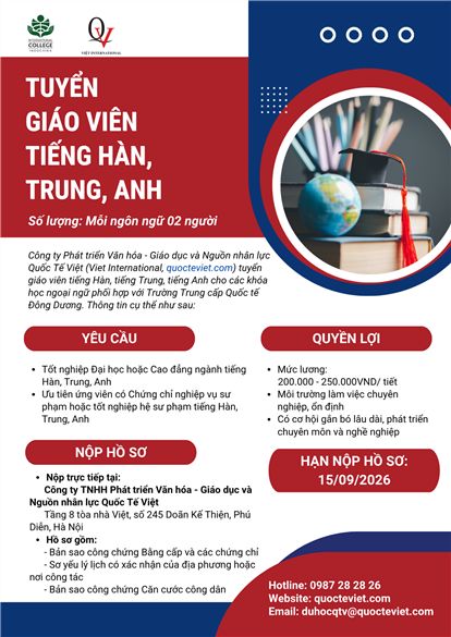 QUỐC TẾ VIỆT TUYỂN GIÁO VIÊN TIẾNG HÀN, TIẾNG TRUNG, TIẾNG ANH