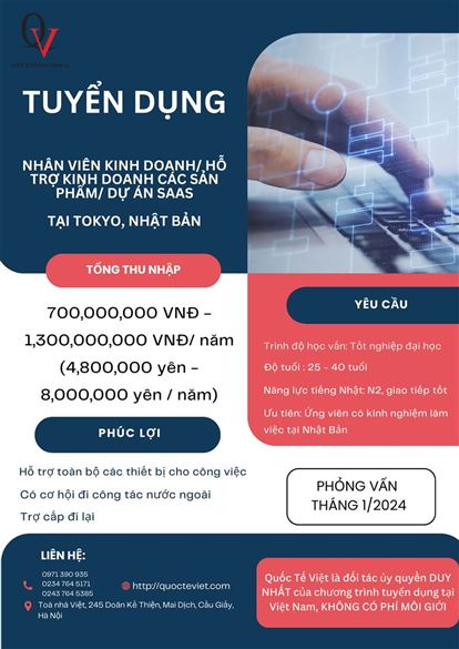 Nhân Viên kinh doanh/ Hỗ trợ kinh doanh các sản phẩm/ dự án SAAS tại Tokyo, Nhật Bản